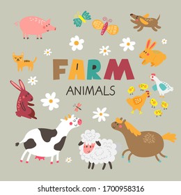 Farm animals vector set with cute cartoon animals: rabbit, cow, dog, sheep, chicken, cat, pig.