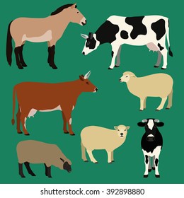 Farm animals vector set. Different cows, sheeps, horse illustration.