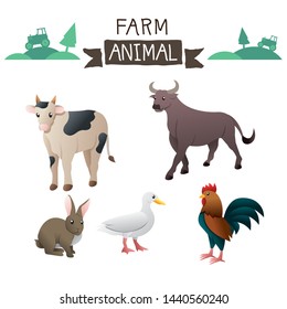 Farm animals vector set. Farm animals set in flat style isolated on white background. Vector illustration. Cute cartoon animals collection: Cow, Buffalo, Bull, Rabbit, Duck, Goose, Chicken, Rooster