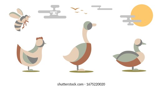 Farm animals vector set. Goose, duck bee, and chicken. Isolated illustration of contryside birds.