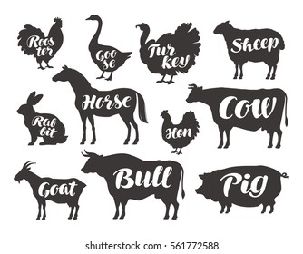Farm animals, vector set icons. Collection of silhouettes such as horse, cow, bull, sheep, pig, rooster, chicken, hen, goose, rabbit, turkey, goat