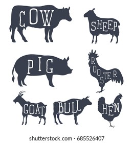 Farm animals, vector set icons. Collection of silhouettes such as cow, bull, sheep, pig, rooster, chicken, hen, goat. Vector illustration