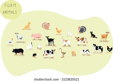Farm animals vector set of isolated illustration on white background. Concept for print, web design, cards, logo, icon
