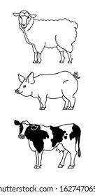 Farm animals vector set. Livestock such as lamb, pig and milk cow, isolated on the white background. Hand drawn elements. 