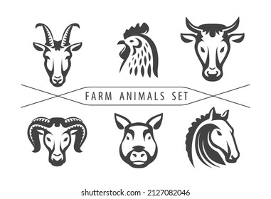 Farm animals vector set. Stylized head of cow, chicken, ram, pig, horse, goat