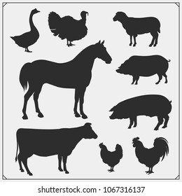 Farm Animals Vector Silhouette Set. Vector Monochrome Illustration.