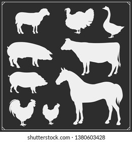 Farm animals vector silhouette set. Vector monochrome illustration.