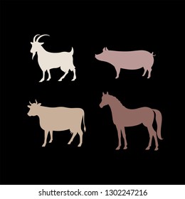 Farm animals vector silhouettes. Horse, cow, pig, goat vector silhouettes