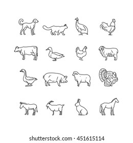 Farm Animals Vector Thin Line Icons Set. Outline Cow, Pig, Chicken, Horse, Rabbit, Goat, Donkey, Sheep, Geese Symbols. Set Of Farm Animal Illustration Pictogram Animal In Line Style