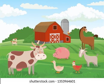 Farm animals. Village animal farms, cows red barn and cattle field landscape. Breed got, cow and horse or domestic chicken. Livestock character cartoon vector illustration