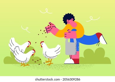 Farm animals and village life concept. Smiling girl or boy standing and feeding chicken with seeds from hand outdoors on yard vector illustration