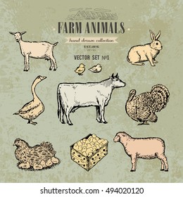 Farm animals vintage collection, vector 