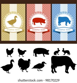 farm animals, vintage frame, labels food illustration