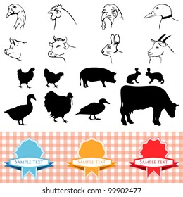 farm animals, vintage frame, labels food illustration