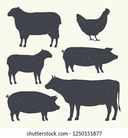 Farm Animals Vintage Set. Silhouettes of Cow, Pig, Sheep, Lamb, Hen. Farm Animals icons isolated on white background. Vector. Design elements for emblem, poster, label. Grunge texture. 