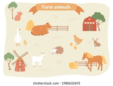 Farm animals walk in the paddock on field. Cow, horse, pig, duck and chicken, sheep and goat, wooden barn, fence, windmill. Farm map with livestock set for kids, agriculture design. Ribbon with title
