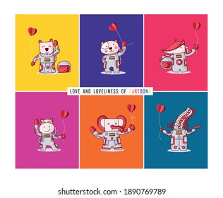 Farm animals wearing a space suit floating in space. If animals are smart, they will go to space. Bright multicolored background vector illustration.