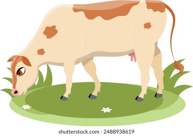 Animales de granja. La vaca blanca come hierba sobre un fondo blanco. Ilustración vectorial plana bebé.