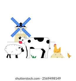 Farm Animals With Windmill In Flat Vector Illustration Symbolizing Agriculture, Rural Life, And Livestock, Isolated On White Background