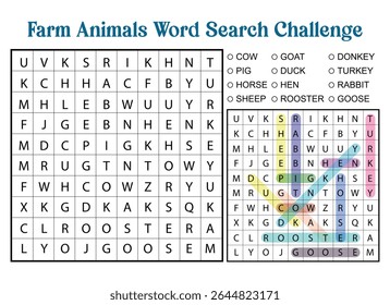 Farm Animals Word Search Challenge with highlighted words. Educational game for kids with farm animals to find and circle.