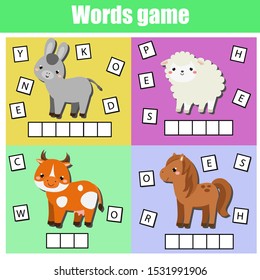 Farm animals. Write missing letters and complete words. Crossword for kids and toddlers. Educational children game. Learn English