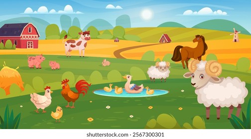 Farm animals yard. Cartoon barnyard scene with walking farming animal domestic pets outside barn, farmyard pasture livestock cow lamb pig chicken group, swanky vector illustration original artwork