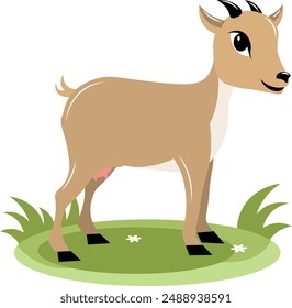 Farm Animals. Young brown goat on green grass on a white background. Baby flat vector illustration.