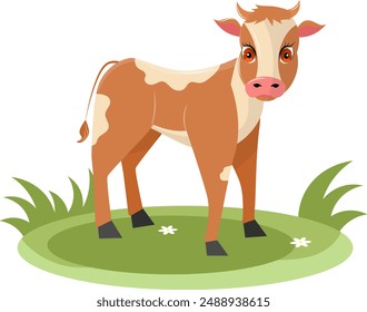 Farm Animals. A young calf stands on green grass on a white background. Baby flat vector illustration.