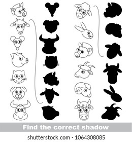 Farm animals zoo heads set to find the correct shadow, the matching educational kid game to compare and connect objects and their true shadows, simple gaming level for preschool kids.