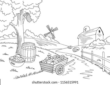 Farm autumn graphic black white landscape crop harvest sketch illustration vector