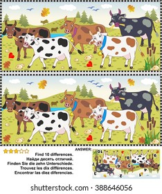 Farm and autumn themed visual puzzle: Find the ten differences between the two pictures of spotted milk cows on a pasture. Answer included.
