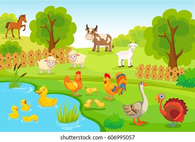 Farm background with animals.