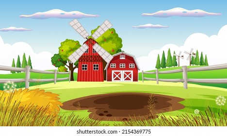 Farm background with barn and windmill illustration