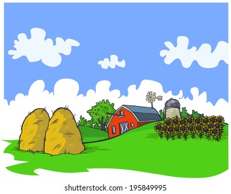 Farm background in cartoon style. 