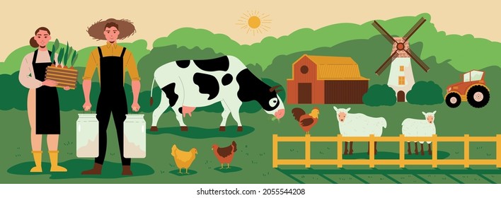 Farm background with cattle chicken granary and tractor vector illustration