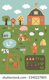 Farm background. Cute kids poster with farmhouse, animals, garden, trees, tractor. It can be used for kids zone, poster, book cover. Vector illustration. 