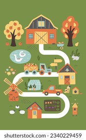 Farm background. Cute kids poster with farmhouses, animals, garden, trees, car, greenhouse. It can be used for kids zone, poster, book cover. Vector illustration. 