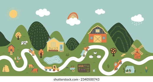 Farm background. Cute kids poster with farmhouses, animals, garden, trees, car, chicken coop. It can be used for kids zone, poster, book cover. Vector illustration. 