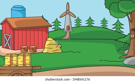 farm background, expanse of meadow, with red huts, haystacks, surrounded by trees. vector illustration