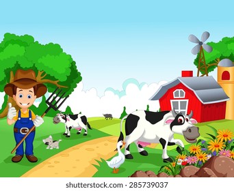 Farm background with farmer and animals