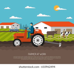 Antecedentes agrícolas con paisaje de ganadería plana y carácter de agricultor en animales agromotores y ganaderos con ilustración de vector de texto