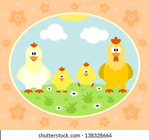 Farm background with funny chicken