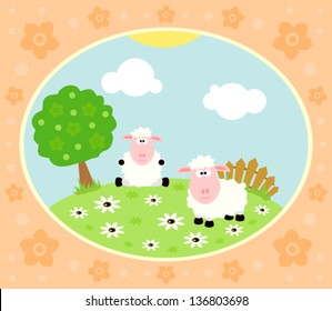 Farm background with funny sheeps