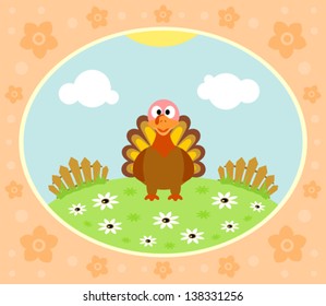 Farm background with funny turkey