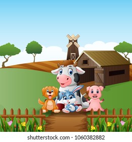 Farm Background with the get together animals in front of the farm  