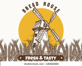 Farm background with hand drawn mill and wheat ears banner. Vector illustration