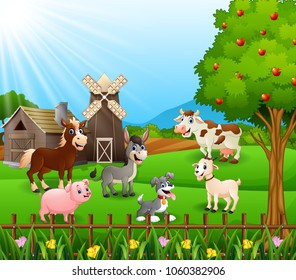 Farm background with happy animals 