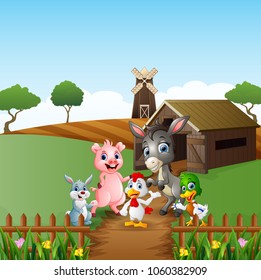 Farm background with happy animals