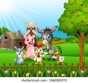 Farm background with happy animals