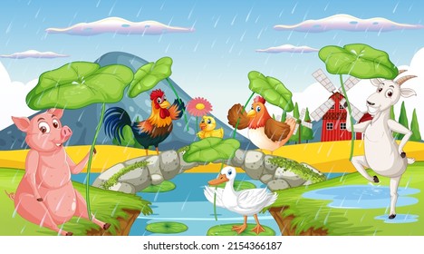 Fondo de granja con ilustración de animales felices